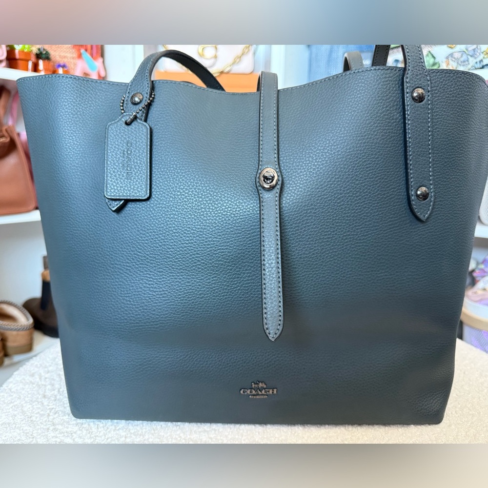 Coach Blue Pebbled Leather Tote with Structured Elegance